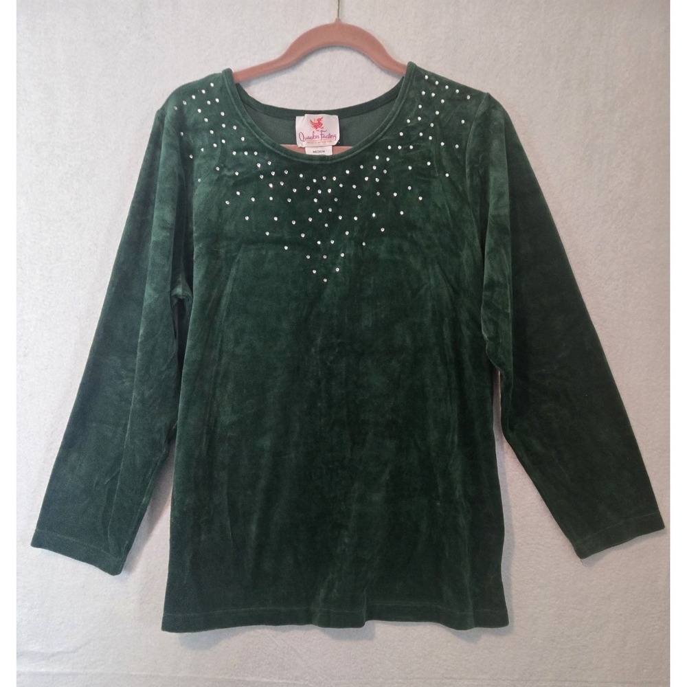 Quacker‎ Factory Green Velvet Top M Holiday Medium Cotton Blend